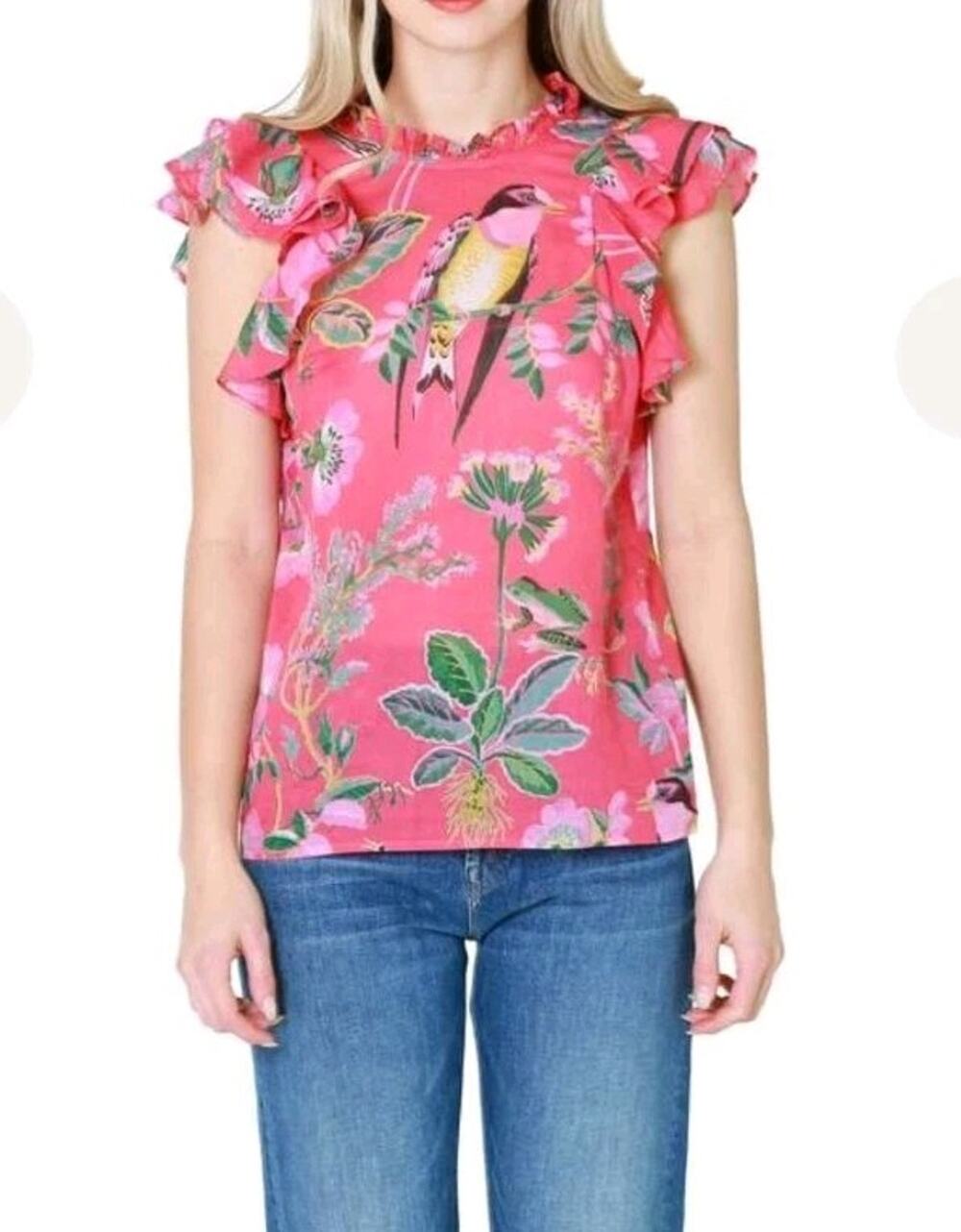 Banjanan Klara Top Woden Hedgerow Paradise Pink Flutter Sleeves Size Small
